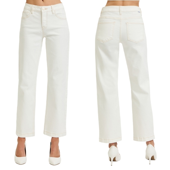 RISEN Mid-Rise Tummy Control Slim Fit Jeans Straight Leg Ankle Cream Denim Pants - Picture 1 of 15